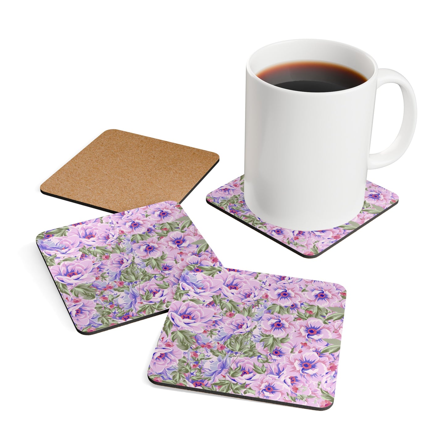 Purple Boho Flowers Corkwood Coaster Set