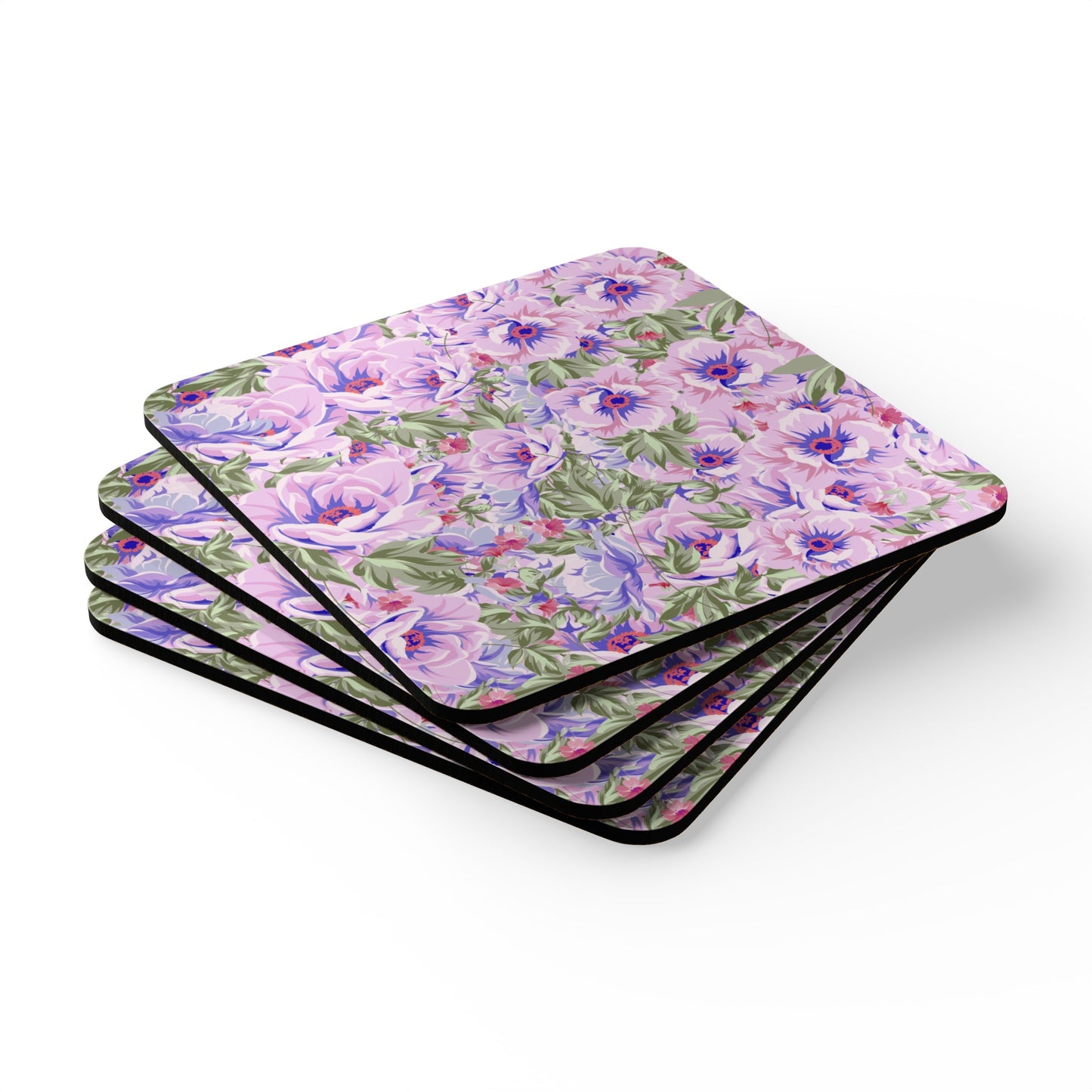 Purple Boho Flowers Corkwood Coaster Set