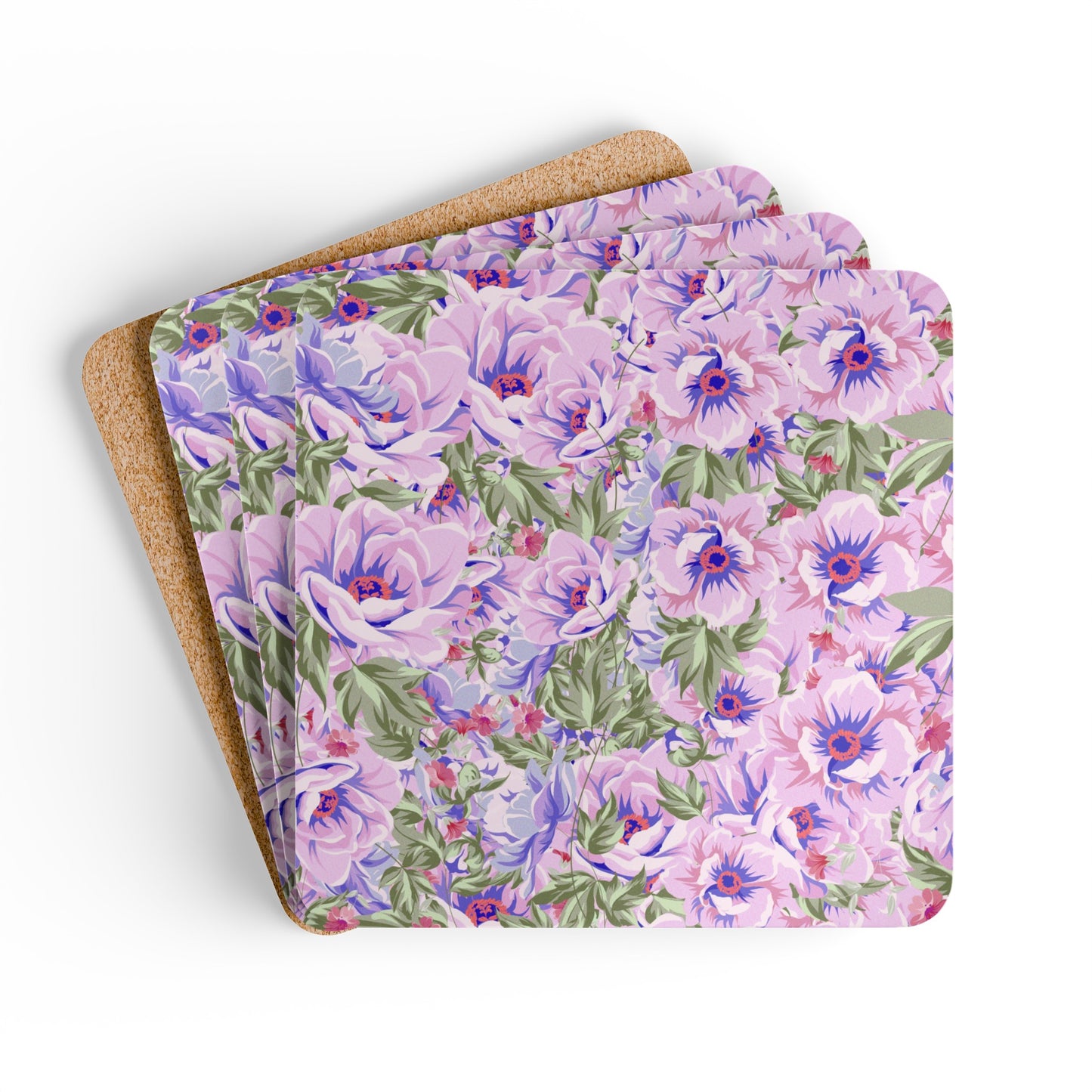 Purple Boho Flowers Corkwood Coaster Set