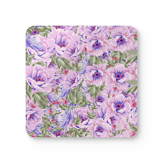 Purple Boho Flowers Corkwood Coaster Set