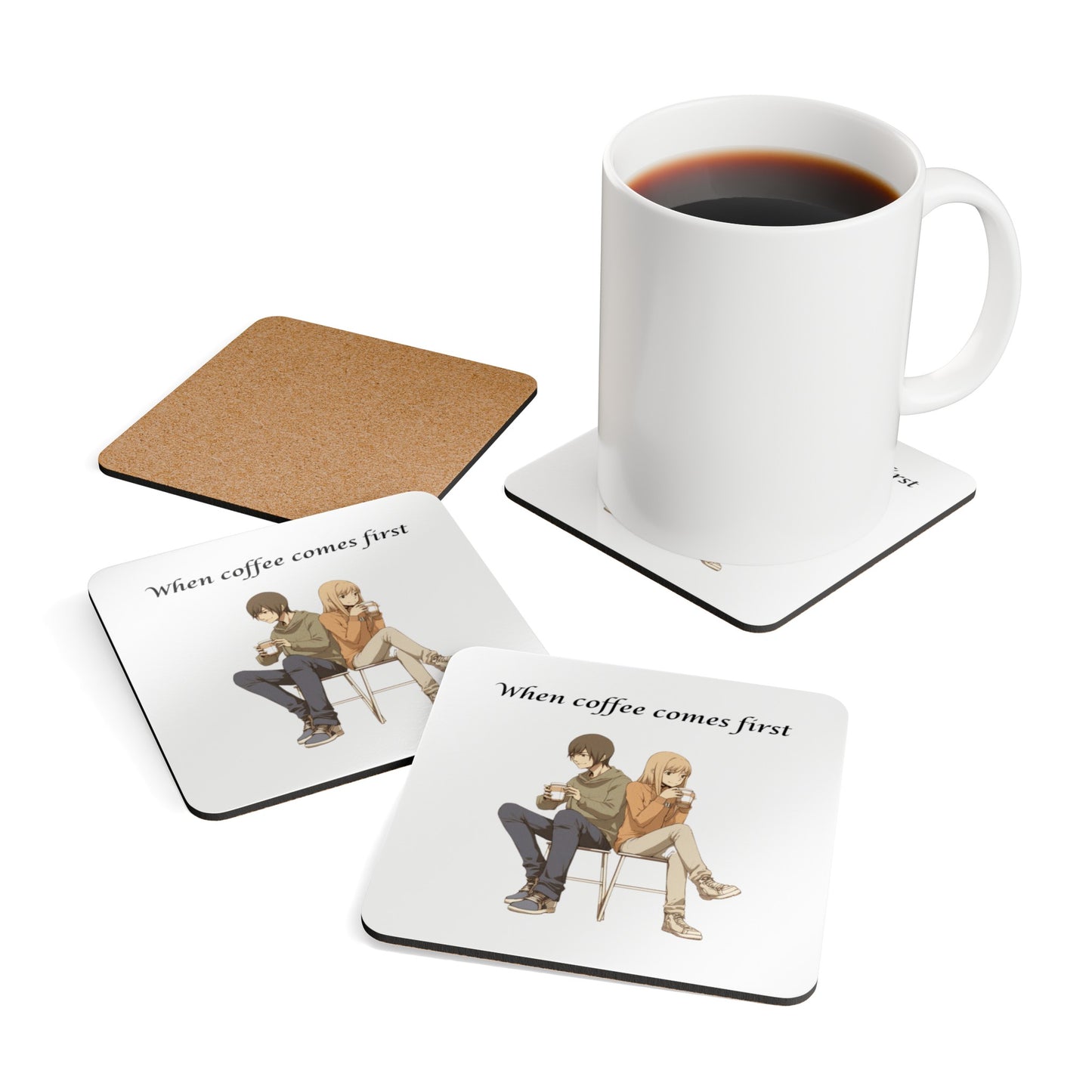 When Coffee Comes First Humor Corkwood Coaster Set