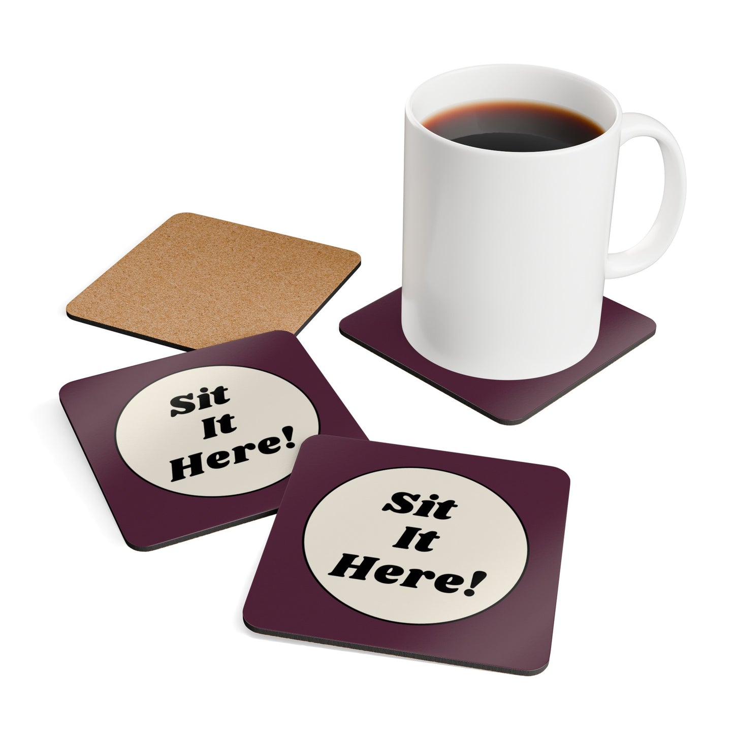 Sit It Here, Purple Corkwood Coaster Set