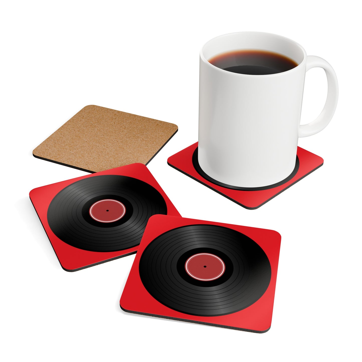 Retro Vinyl Record, Red Corkwood Coaster Set