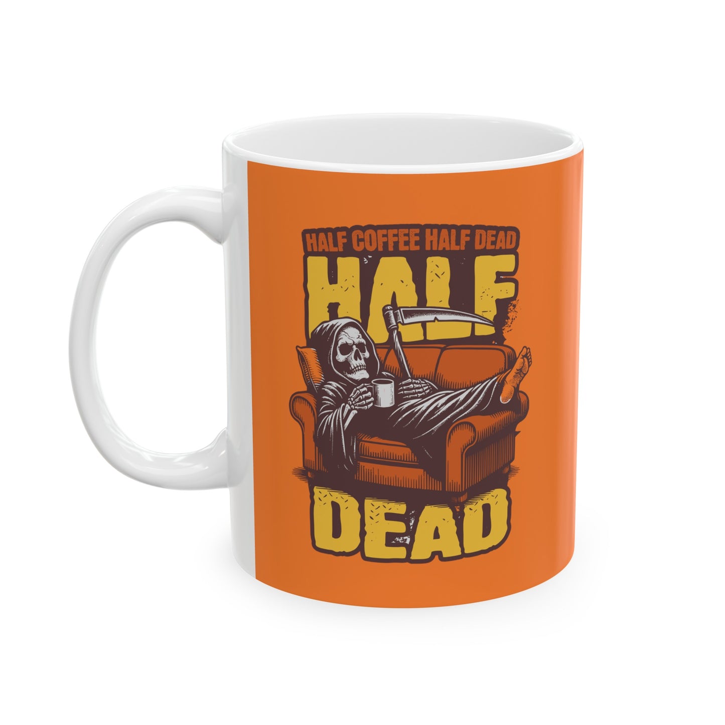 Humorous Skeleton Drinking Coffee Ceramic Mug, (11oz, 15oz)